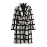 Lamb Plaid Lapel jacket Women Elegant ladies Full Sleeve Long Coat 2022 Fall Winter Button Pocket Casual