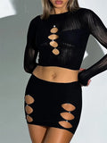 Autumn Sexy Mesh Sheer 2 Two Piece Set Club Outfit For Women 2023 Long Sleeve Crop Top And Skirt Set Female Matching