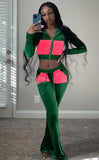 Winter Contrast Color Velour Zipper Top and Pants 2 Piece