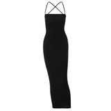 Toloer New Women's Summer Sexy Neck Back Tie Dress Solid Color Long Dress