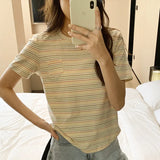 Style Rainbow Striped Round-Neck T-Shirt Women's Summer Loose Style Vintage Blouse Design Sense Minority-Outfit