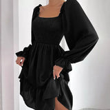 Celmia Elegant Women Ruffled Sundress 2022 Puff Long Sleeve Sexy Square Collar Mini Dress Casual Solid Pleated Party