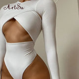 ArtsuWomen Sexy Cross Tops Hollow Out Rompers Slim Lady Summer Long Sleeves Bandage Skinny Bodysuit Bodycon