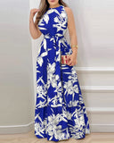 Summer New Hanging Neck Tie Print Lotus Leaf Dress
