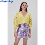 chic autumn winter sweaters yellow black embroidery long sleeves handmade knitted cardigan sweater boho