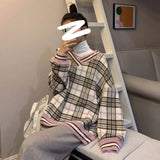 Plaid Knitted Sweater Women Pullover Oversized Winter Jumpers Casual Long Sleeve Sweaters Lady Loose V Neck Top Warm