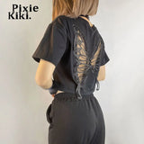 Black Lace Butterfly Hollow Out See Through Crop Top Women Y2k Clothes Summer Fairycore Grunge T Shirts