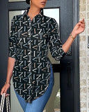 Casual Shirt Women Turn Down Collar Print Long Sleeve Shirts Loose Casual Split Blouse Button Tops Office Ladies-Outfit