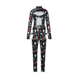 Women Bodycon Jumpsuit Solid Color Overalls Long Sleeves Rompers Bodysuits High Neck Hollow Out Buckle Biker Short