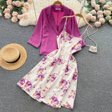 Autumn Vintage Women Two Piece Set Elegant Notched Collar Single Button Coat + Floral Spaghetti Strap Dress Suits 2Pcs