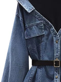 Women's Denim Coat Lapel Patchwork Pocket Single Breasted Belt Fake Two Piece Shirt Jackets 2024 Summer New Fashion 29L157-Outfit