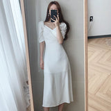 V-neck Slim Waist Women Dress Elegant Puff- Sleeve White Female A-line Dress 2023 Summer Party Vestidos Femme Maxi