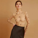 Women Bodysuit Autumn See Through Mesh Long sleeve sexy bodysuit Round Neck Letters Print women bodysuits