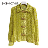 Vintage Yellow Polka Dot Velvet Women's Shirt Lapel Long Sleeve Patchwork Diamonds Fashion Woman Blouses 2022