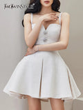 Slim Solid Mini Dress For Women Square Collar Sleeveless High Waist Minimalist Fold Pleated Dresses Female