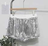 Shooting Babes Shiny Shiny Splicing Loose Waist Shorts Design Feel Thin Broad Leg Hot Pants