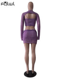 Summer Sexy Knit Bodycon Bandage Two Piece Skirts Set For Women 2023 Long Sleeve Backless Crop Top And Booty Mini