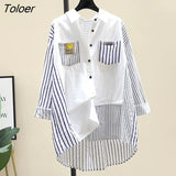 Women Stitching Striped White Shirts 2022 Spring Autumn New Tops Korean Style Loose Mid-length Shirt Casual Top