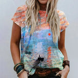 New Classic Style Print Summer T-shirt Retro Round Neck T-shirts Ladies Short Sleeve Loose Female Casual Tees 2021