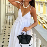 New Women's Temperament Sexy Bare Back Sleeveless Solid Color V Tie Sling Skirt