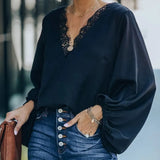 Lantern Sleeve V Neck Solid Women Blouse Lace Patchwork Oversize Female Blouses 2021 Spring Casual Ladies Top