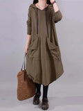 Women's Spring Autumn Fashion Solid Color Loose Large Pocket Irregular Hooded Medium Length Oversize Sweater Dresses for