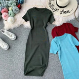 2022 New Short Sleeve Solid Vintage Women Dress Korean Knit Stretch Waist Elegant Dresses O Neck Bodycon Vestidos