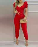 Women Plain Puffed Sleeve Jumpsuit With