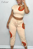 Out Asymmetrical Shape Two Piece Pant Sets Active Women Short Sleeve Bandage Crop Top and Drawstring Waist Workout