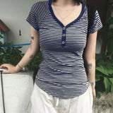 BM Style Babes V-Neck T-Shirt Women's Striped Three-Spring Short-Sleeved Slimmed Thread New