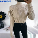 Autumn New Fashion Casual Turtleneck Bow Long Sleeve Solid Color Knitted Pullover Sweater