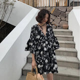 Women Floral Holiday Ins V-Neck Trendy Temperament Casual Vacation Empire Ladies Vestidos Elegant Korean Style