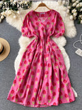 Sweet Floral Dresses Women V Neck Puff Sleeve Print Boho Beach Dress Summer Bohemian Print A-line Midi Dress