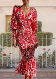 Elegant Red Floral V-Neck Puff Sleevemermaid Midi