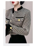 Autumn Winter Fashion Black Striped Tweed Jacket Coat Vintage Temperament Women Metal Buttons Long Sleeve Short Outwear