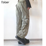 Safari Style Multiple Pockets Patchwork Women Jeans High Street Solid Low Waist Baggy Denim Pants Grey Hippes Pants
