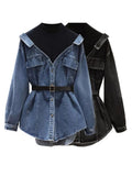 Women's Denim Coat Lapel Patchwork Pocket Single Breasted Belt Fake Two Piece Shirt Jackets 2024 Summer New Fashion 29L157-Outfit