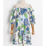 Print Colorblock Mini Dress For Women Slash Neck Short Sleeve High Waist Dresses Female Clothing Fashion Summer