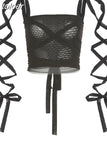 Black Mesh Lace Up Bandage Crop Top Fairy Grunge Aesthetic Clothes Cyber Y2k Mall Goth Tanks Sexy Clothing