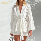 Fashion Long Sleeve Robes Top Two Piece Sets Womens Outifits Autumn Casual White Home Suit Elegant Shorts Women'S