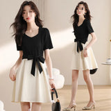 / Single-Piece Lace Mesh Spliced Bow French Top + Tight Waist White Short Skirt Set