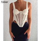 Fishbone Waist Crocheted Knitted Crop Tops Women Vest Tee 2022 Summer Sexy Sleeveless Hollow Out Y2K Tops Corset