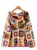 BOHO Colored Plaid Flower Hand Crochet Hooded Cardigan Ethnic Woman Open Stitching Full Sleeve Sweater Beach Short Jumper-Outfit