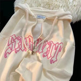 Women Letter Embroidery Hoodies Autumn Winter Retro Zipper Long Sleeve Loose Jacket Coats Y2K Harajuku Casual Hooded Sweatshirts 703-1-Outfit