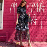 Arrive 2022 High quality Summer Design Black Mesh Embroidered Midi Dress O-Neck Short Sleeve Vintage