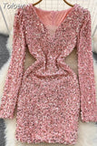 Sexy Women Sequins Glittering Mini Party Dress Elegant Mesh Patchwork V-neck Long Sleeve Slim Bodycon Club Velvet