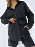 Drawstring Women Linen Shorts 2 Piece Set Casual Oversize Shirts And Wide Leg Shorts Suits Solid Summer Loose
