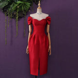 Elegant Dress For Women Slash Neck Puff Sleeve High Waist Solid Ruched Minimalist Midi Dresses Female Summer
