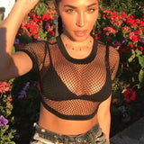 Spring And Summer Sexy Grid Hollowed-Out Short-Sleeved Navel T-Shirt For A Woman.-Outfit
