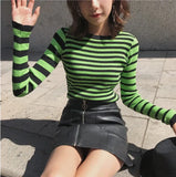 Korean Vintage Striped Patchwork Green Sweaters Autumn Slim O Neck Long Sleeve Sueter Mujer Knitted Jumper Tops